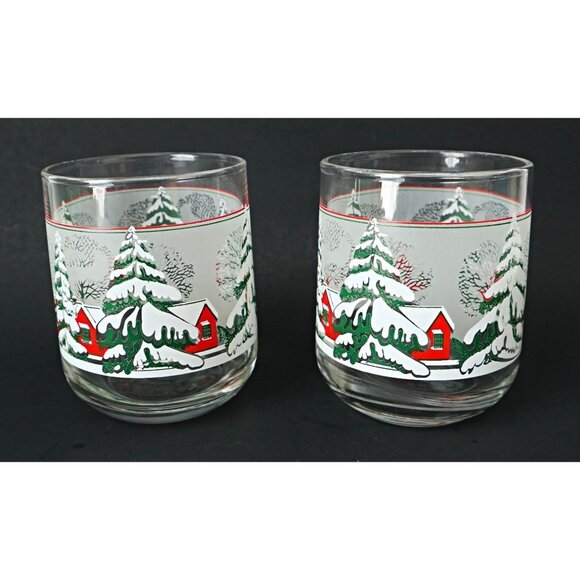 4 Vintage Christmas Scene Low Ball Or Juice Glasses Barware - Picture 3 of 4